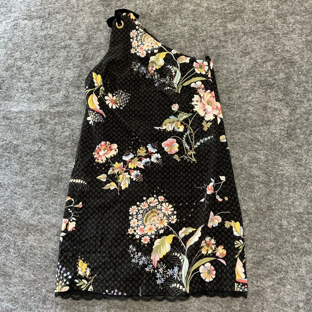 Maeve Black Floral Stuffed One Shoulder Mini A Line Lace Hem Dress A25